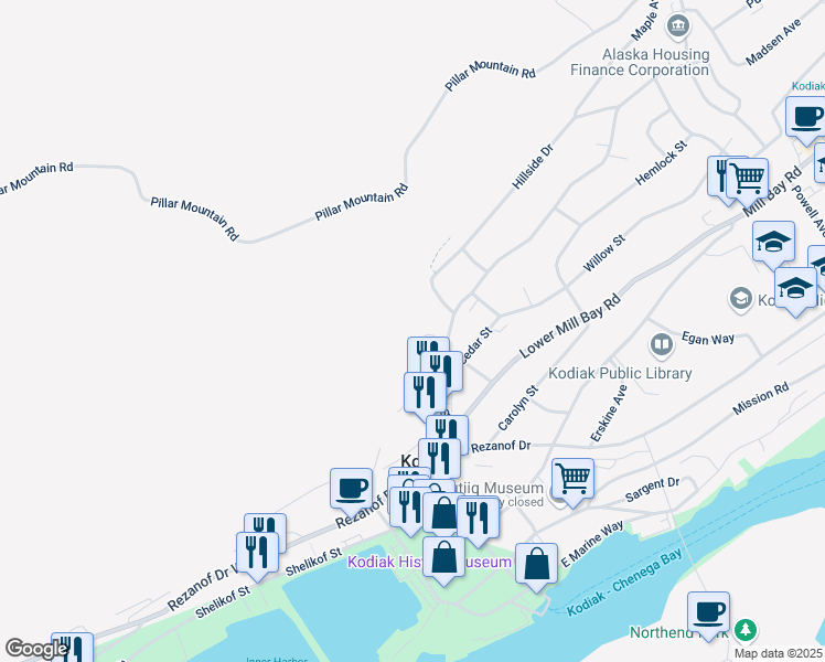 map of restaurants, bars, coffee shops, grocery stores, and more near 315 High Street in Kodiak
