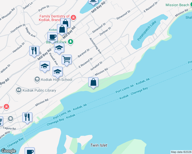 map of restaurants, bars, coffee shops, grocery stores, and more near 1224 Mission Road in Kodiak
