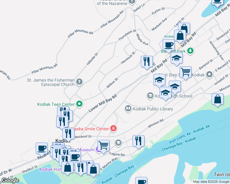map of restaurants, bars, coffee shops, grocery stores, and more near 617 Lower Mill Bay Road in Kodiak