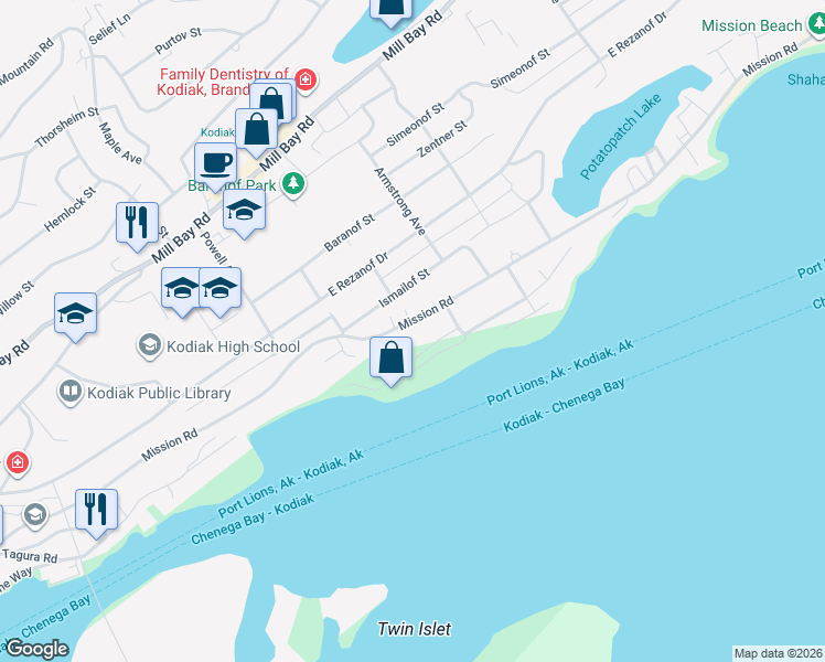 map of restaurants, bars, coffee shops, grocery stores, and more near 1224 Mission Road in Kodiak