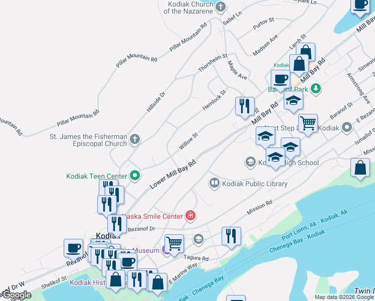 map of restaurants, bars, coffee shops, grocery stores, and more near 617 Lower Mill Bay Road in Kodiak