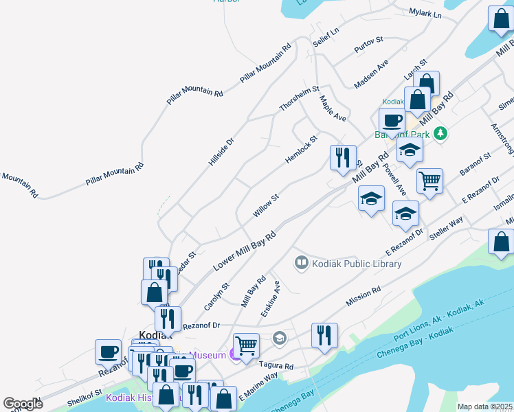 map of restaurants, bars, coffee shops, grocery stores, and more near 402 Fir Avenue in Kodiak