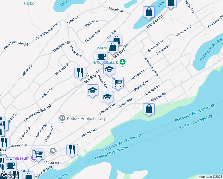 map of restaurants, bars, coffee shops, grocery stores, and more near 1115 Baranof Street in Kodiak
