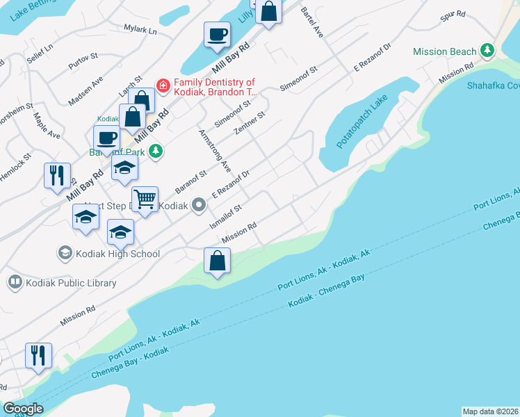 map of restaurants, bars, coffee shops, grocery stores, and more near 1410 Ismailov Street in Kodiak