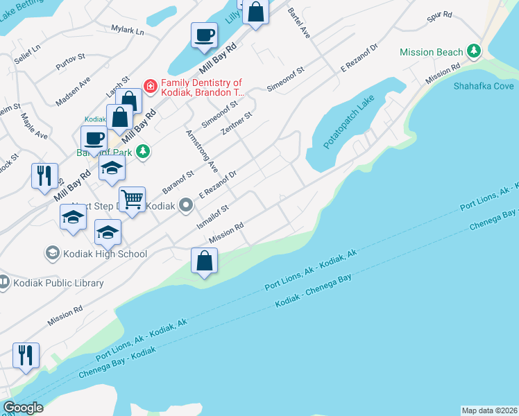 map of restaurants, bars, coffee shops, grocery stores, and more near 1417 Mission Road in Kodiak