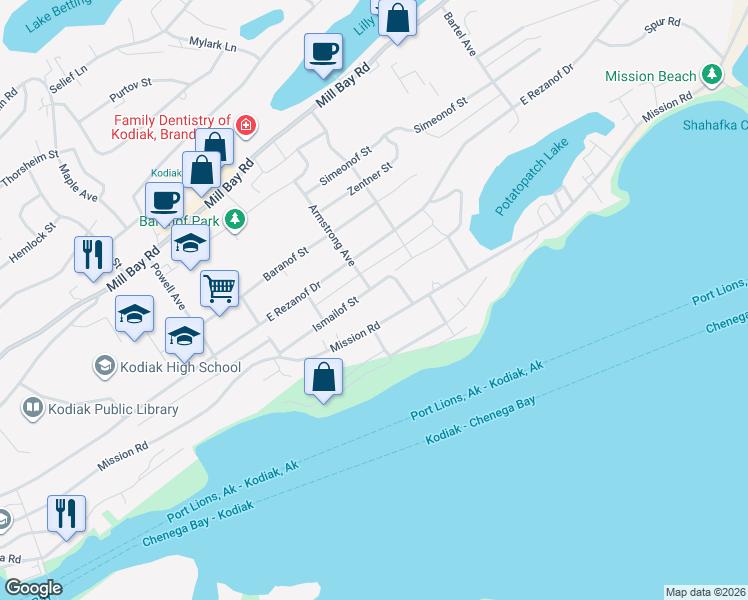 map of restaurants, bars, coffee shops, grocery stores, and more near 1410 Ismailov Street in Kodiak