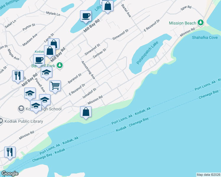 map of restaurants, bars, coffee shops, grocery stores, and more near 1417 Mission Road in Kodiak