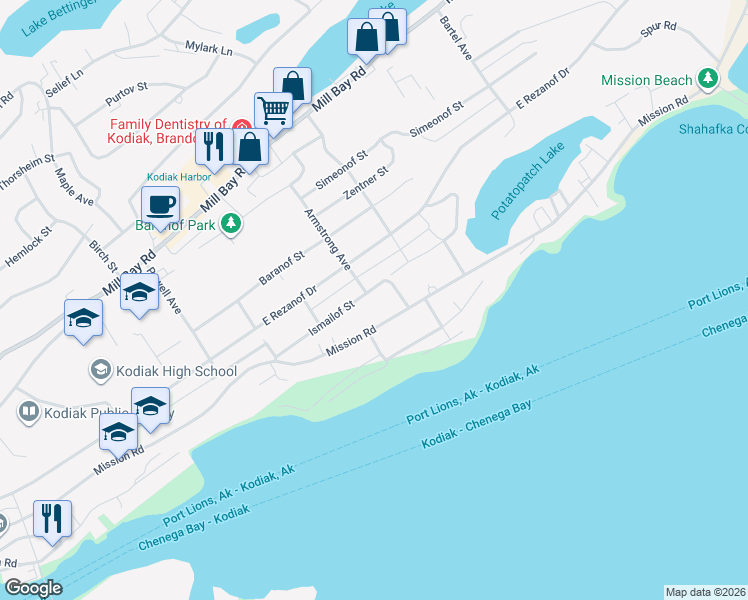 map of restaurants, bars, coffee shops, grocery stores, and more near 1410 Ismailov Street in Kodiak