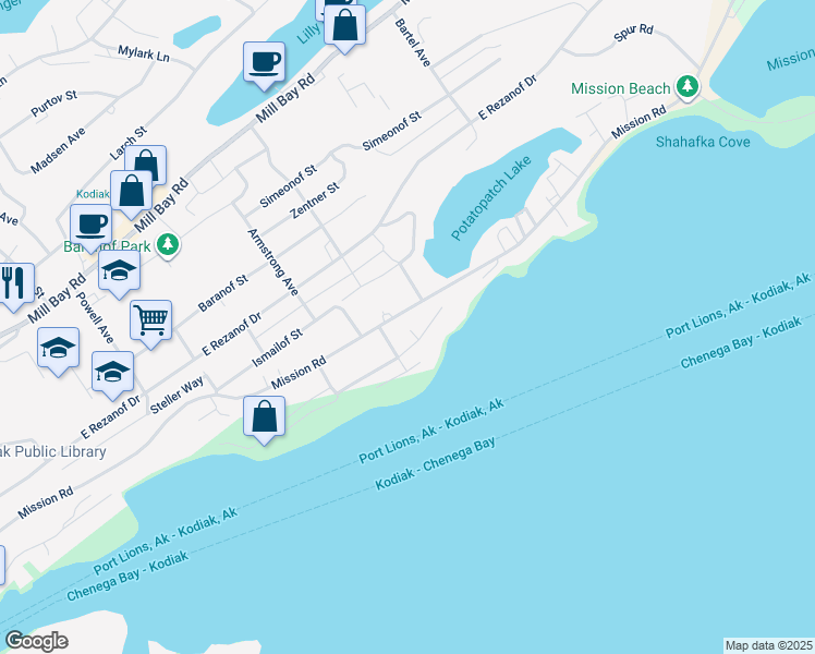 map of restaurants, bars, coffee shops, grocery stores, and more near 1518 Mission Road in Kodiak