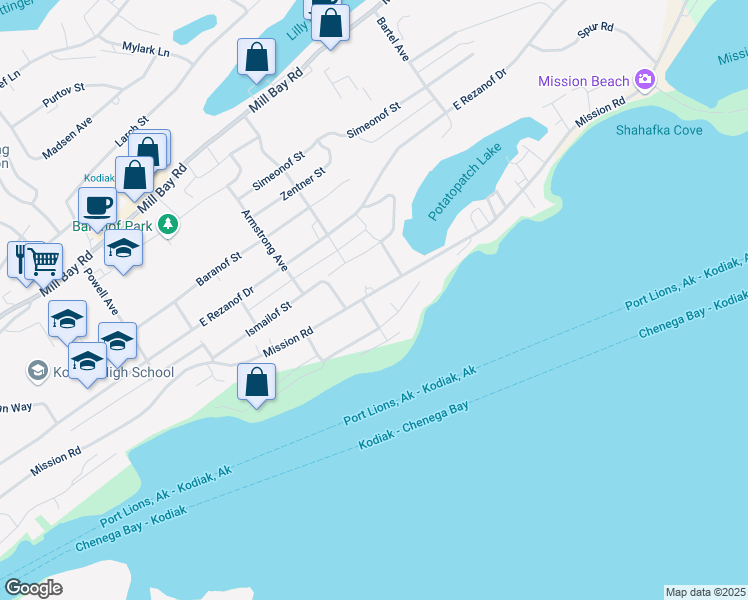 map of restaurants, bars, coffee shops, grocery stores, and more near 1518 Mission Road in Kodiak