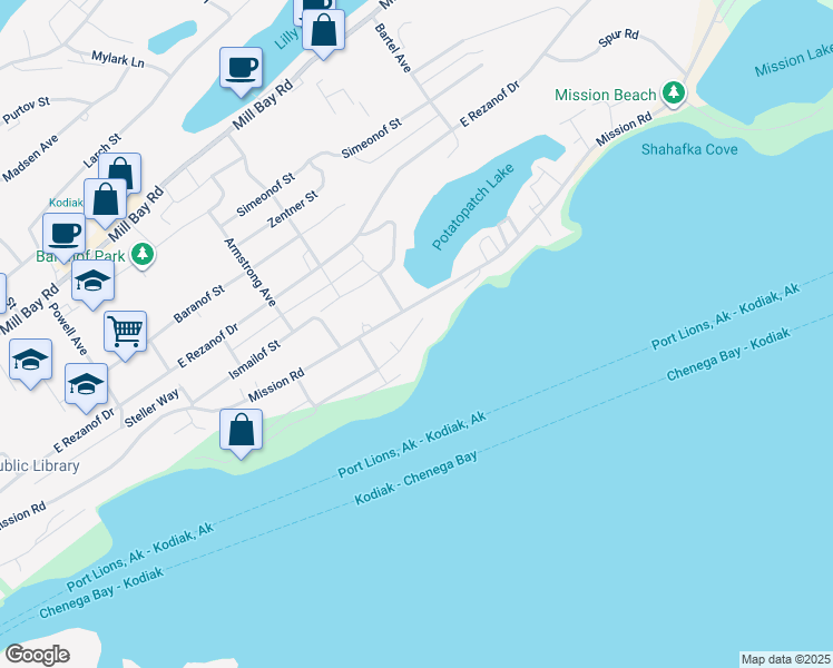 map of restaurants, bars, coffee shops, grocery stores, and more near 1526 Kouskov Street in Kodiak