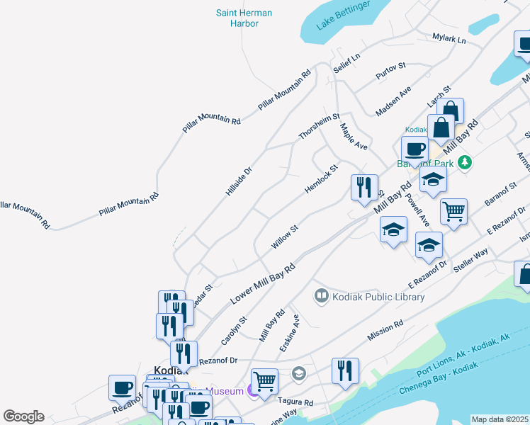 map of restaurants, bars, coffee shops, grocery stores, and more near 402 Fir Avenue in Kodiak