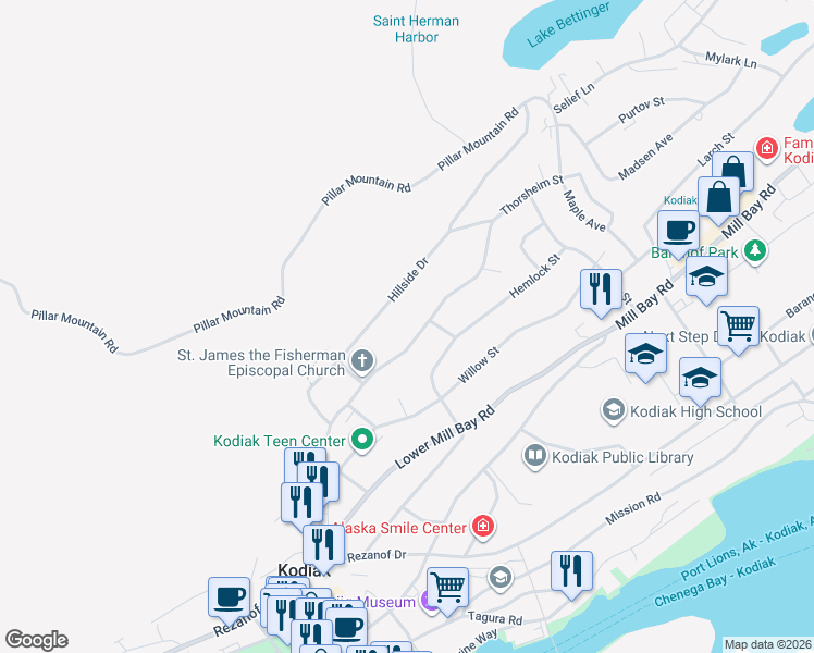 map of restaurants, bars, coffee shops, grocery stores, and more near 615 Thorsheim Street in Kodiak