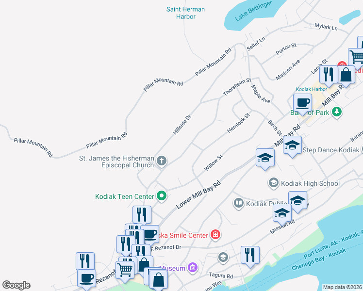 map of restaurants, bars, coffee shops, grocery stores, and more near 615 Thorsheim Street in Kodiak