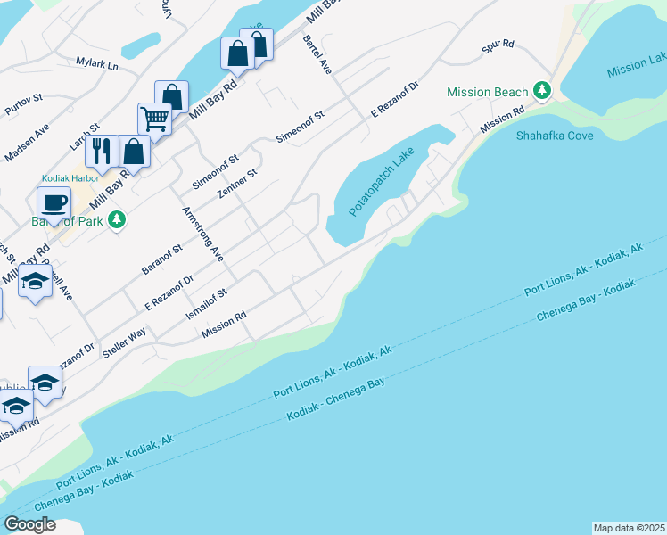 map of restaurants, bars, coffee shops, grocery stores, and more near 1526 Kouskov Street in Kodiak