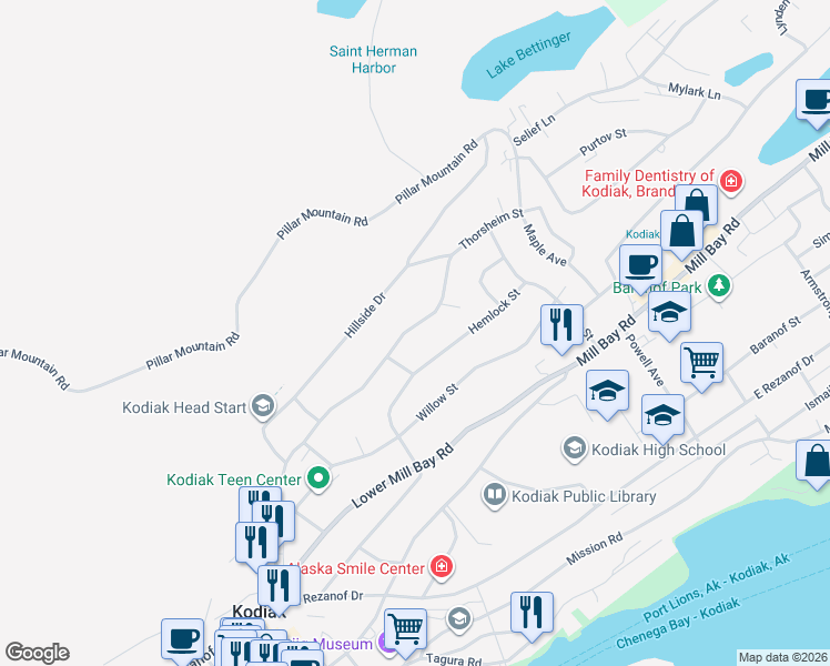 map of restaurants, bars, coffee shops, grocery stores, and more near 402 Fir Avenue in Kodiak