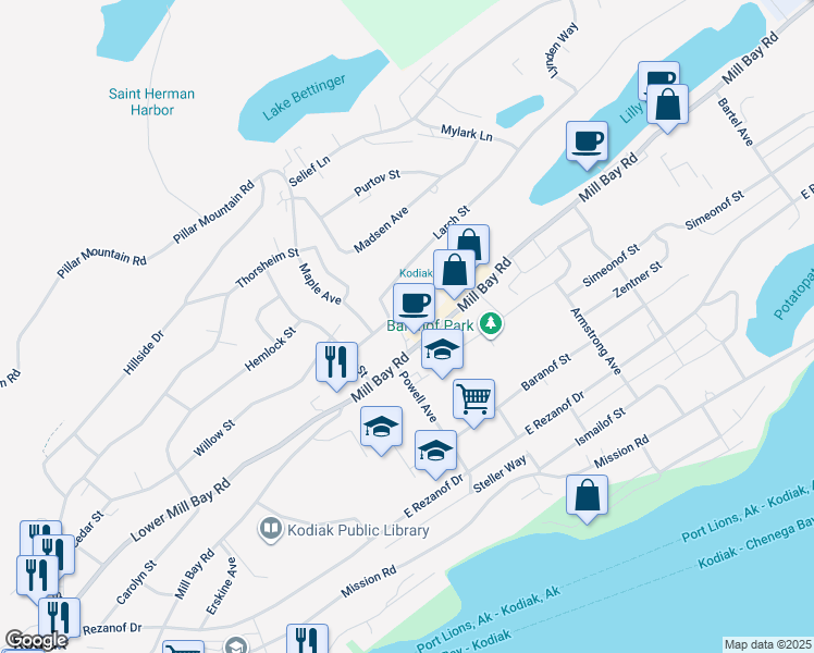 map of restaurants, bars, coffee shops, grocery stores, and more near 1213 Mill Bay Road in Kodiak