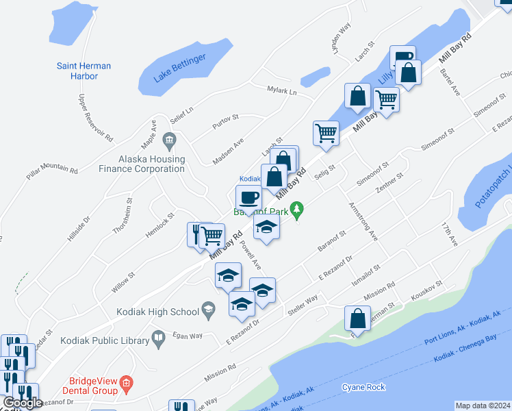map of restaurants, bars, coffee shops, grocery stores, and more near 1213 Mill Bay Road in Kodiak