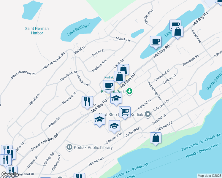map of restaurants, bars, coffee shops, grocery stores, and more near 1213 Mill Bay Road in Kodiak