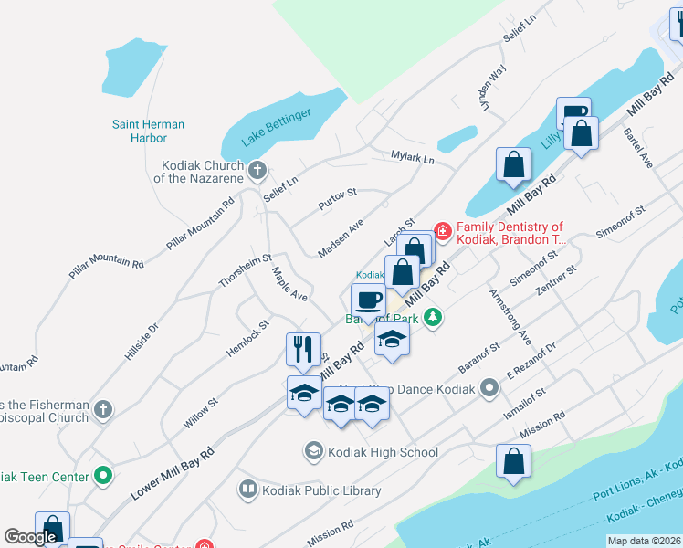 map of restaurants, bars, coffee shops, grocery stores, and more near 1112 Madsen Avenue in Kodiak