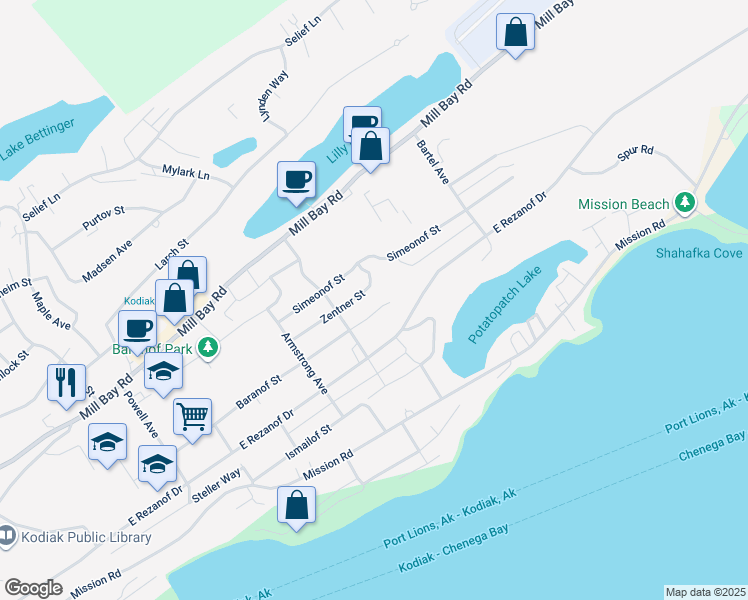 map of restaurants, bars, coffee shops, grocery stores, and more near 1523 Baranof Street in Kodiak