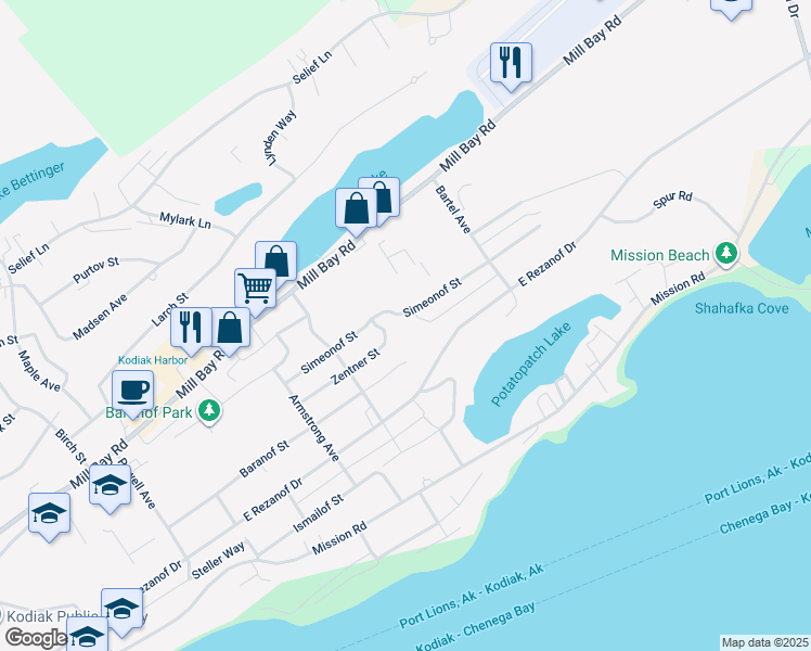 map of restaurants, bars, coffee shops, grocery stores, and more near 1523 Baranof Street in Kodiak