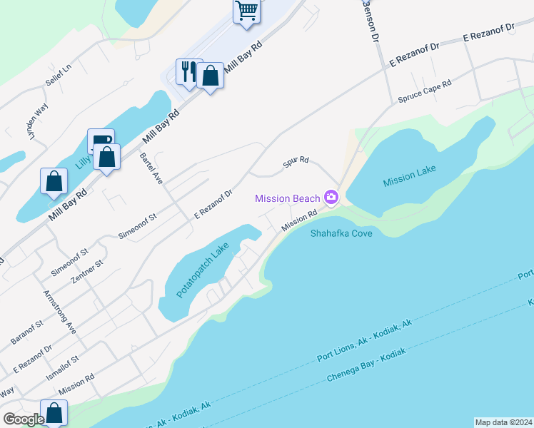map of restaurants, bars, coffee shops, grocery stores, and more near 1897 L Street in Kodiak