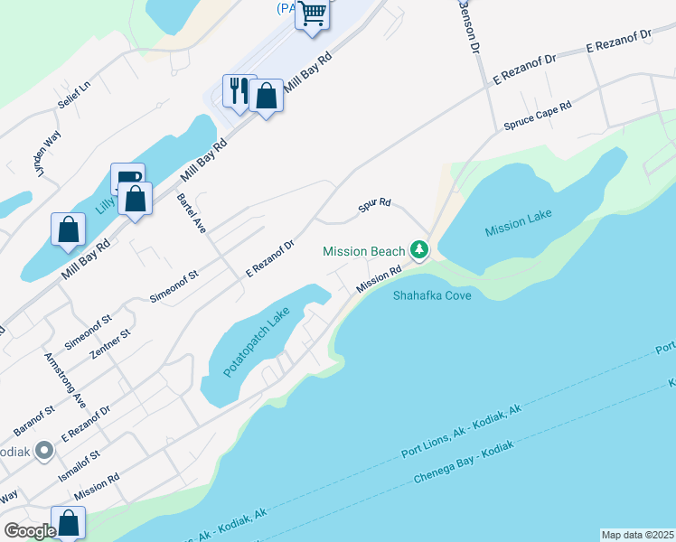 map of restaurants, bars, coffee shops, grocery stores, and more near 1897 L Street in Kodiak