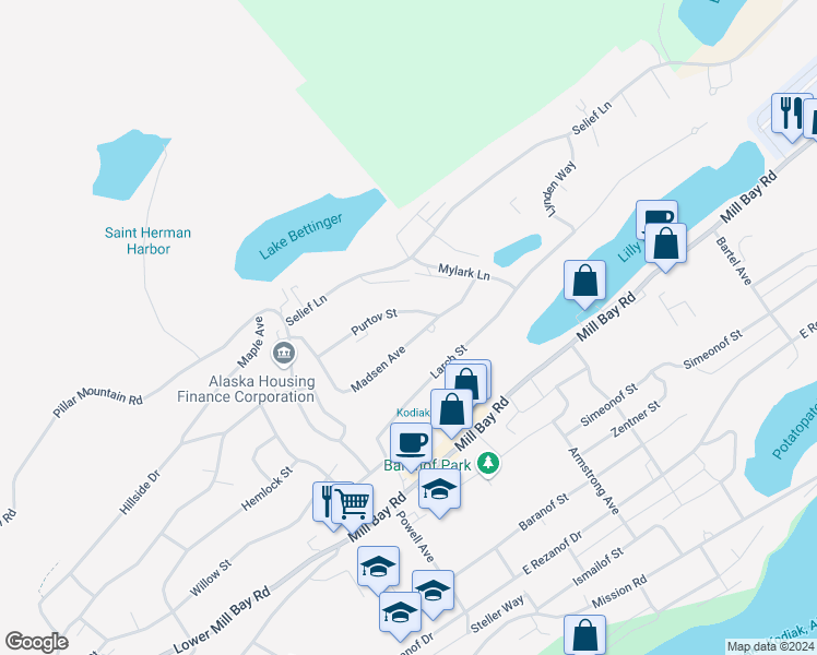map of restaurants, bars, coffee shops, grocery stores, and more near 1221 Madsen Avenue in Kodiak
