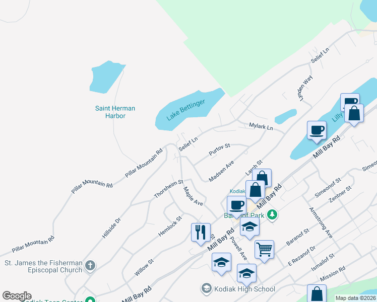 map of restaurants, bars, coffee shops, grocery stores, and more near 1110 Selief Lane in Kodiak