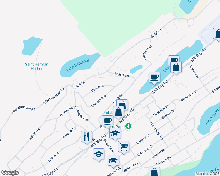 map of restaurants, bars, coffee shops, grocery stores, and more near 1221 Madsen Avenue in Kodiak