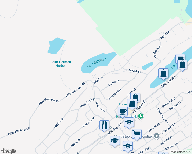 map of restaurants, bars, coffee shops, grocery stores, and more near 1110 Selief Lane in Kodiak
