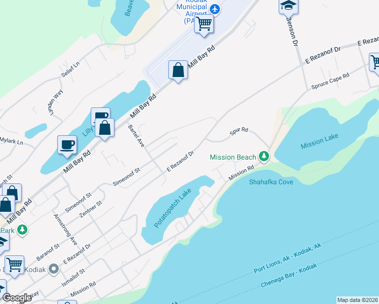 map of restaurants, bars, coffee shops, grocery stores, and more near 1915 East Rezanof Drive in Kodiak
