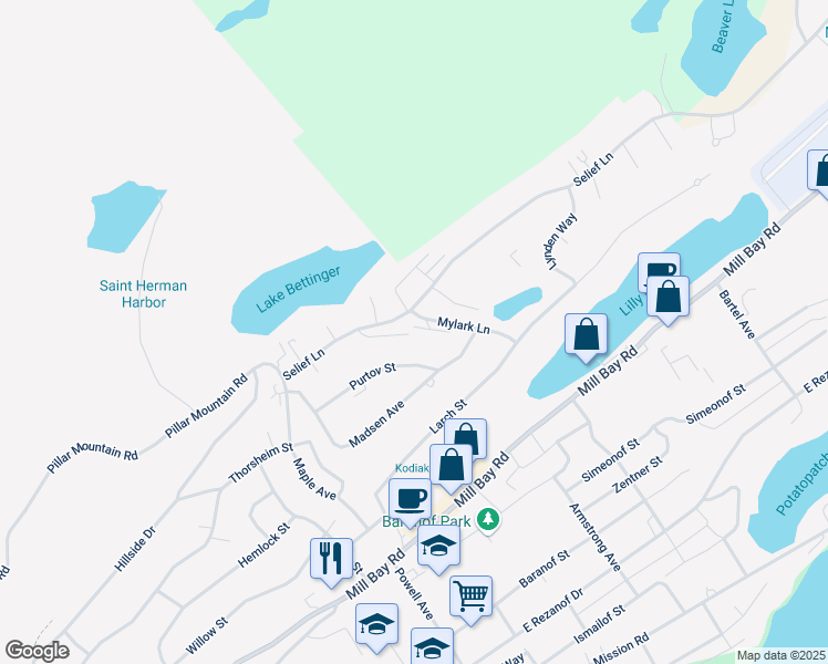 map of restaurants, bars, coffee shops, grocery stores, and more near 1222 Selief Lane in Kodiak