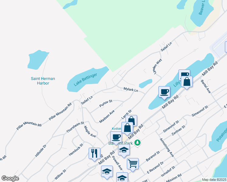 map of restaurants, bars, coffee shops, grocery stores, and more near 1222 Selief Lane in Kodiak
