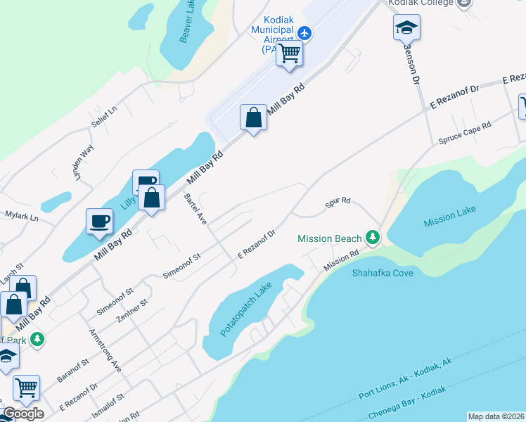 map of restaurants, bars, coffee shops, grocery stores, and more near 1915 East Rezanof Drive in Kodiak