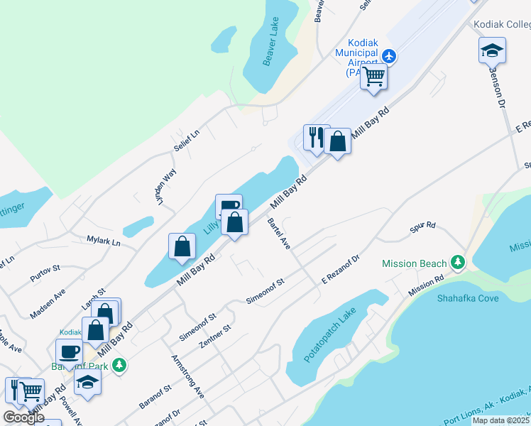 map of restaurants, bars, coffee shops, grocery stores, and more near Mill Bay Road in Kodiak
