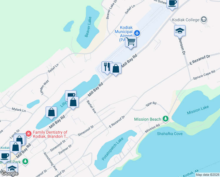 map of restaurants, bars, coffee shops, grocery stores, and more near 1914 Mill Bay Road in Kodiak