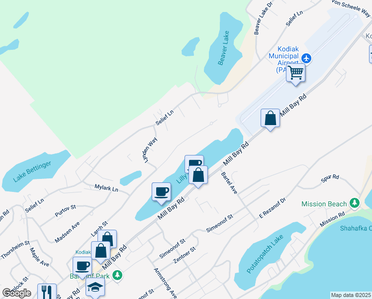 map of restaurants, bars, coffee shops, grocery stores, and more near 1716 Larch St in Kodiak