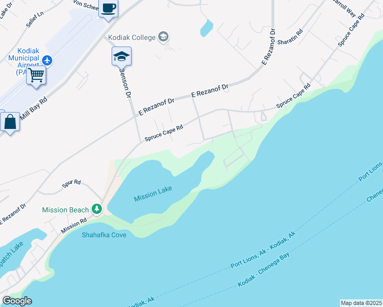 map of restaurants, bars, coffee shops, grocery stores, and more near 2578 Metrokin Way in Kodiak