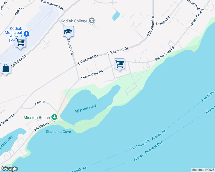 map of restaurants, bars, coffee shops, grocery stores, and more near 2578 Metrokin Way in Kodiak