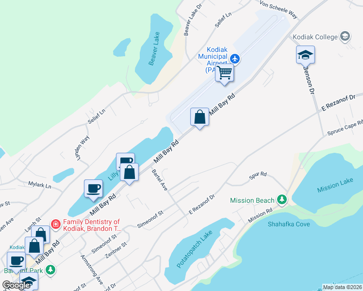 map of restaurants, bars, coffee shops, grocery stores, and more near 1914 Mill Bay Road in Kodiak