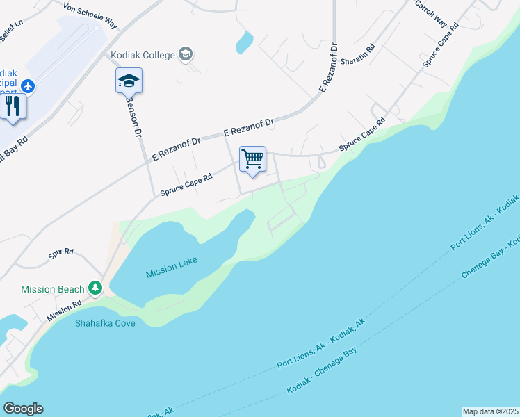 map of restaurants, bars, coffee shops, grocery stores, and more near 2590 Metrokin Way in Kodiak