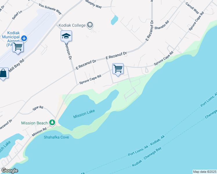 map of restaurants, bars, coffee shops, grocery stores, and more near 2590 Metrokin Way in Kodiak