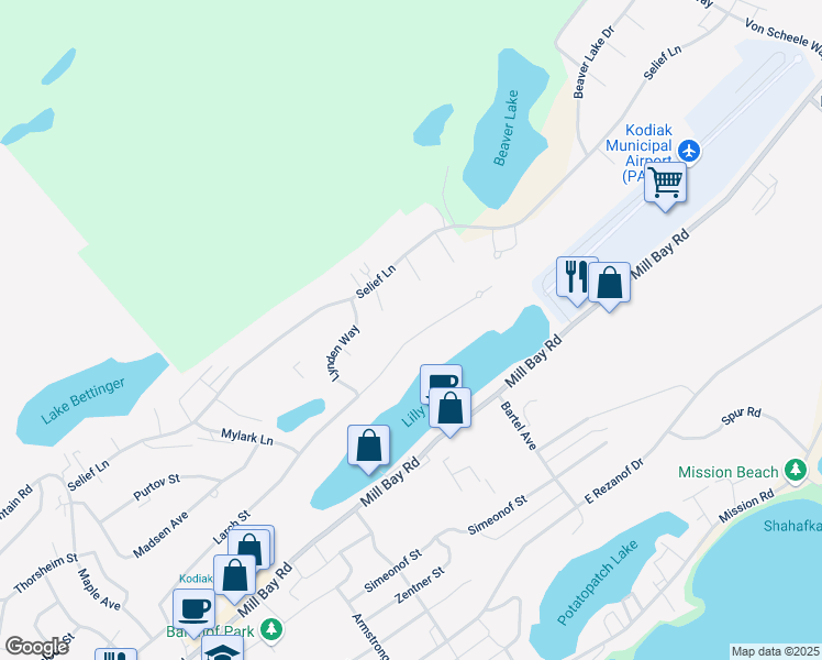map of restaurants, bars, coffee shops, grocery stores, and more near 1716 Larch Street in Kodiak