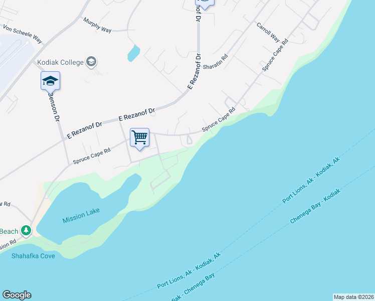 map of restaurants, bars, coffee shops, grocery stores, and more near 2800 Spruce Cape Road in Kodiak