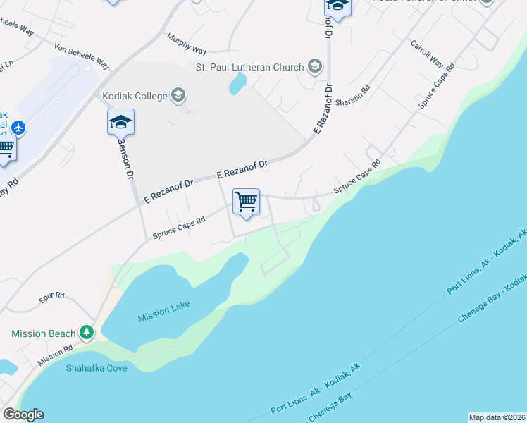 map of restaurants, bars, coffee shops, grocery stores, and more near 746 Jackson Lane in Kodiak