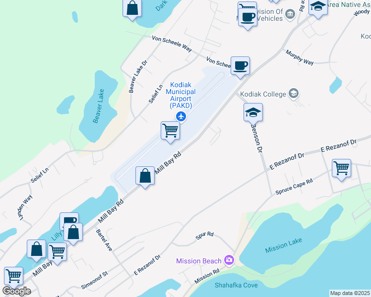 map of restaurants, bars, coffee shops, grocery stores, and more near 2160 Mill Bay Road in Kodiak