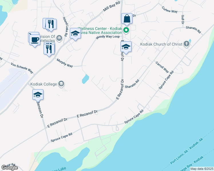 map of restaurants, bars, coffee shops, grocery stores, and more near 2815 Woody Way in Kodiak