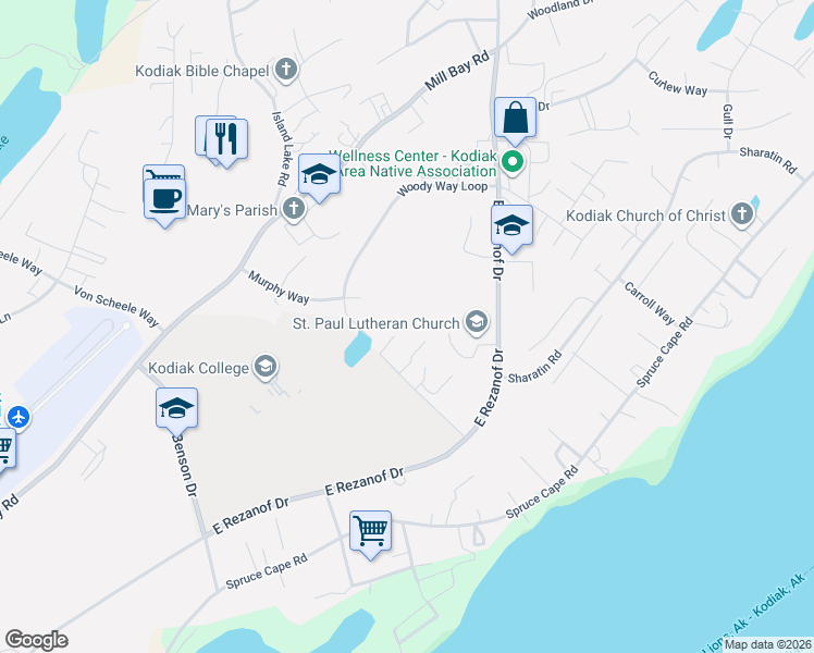 map of restaurants, bars, coffee shops, grocery stores, and more near 2950 Woody Way Cir in Kodiak